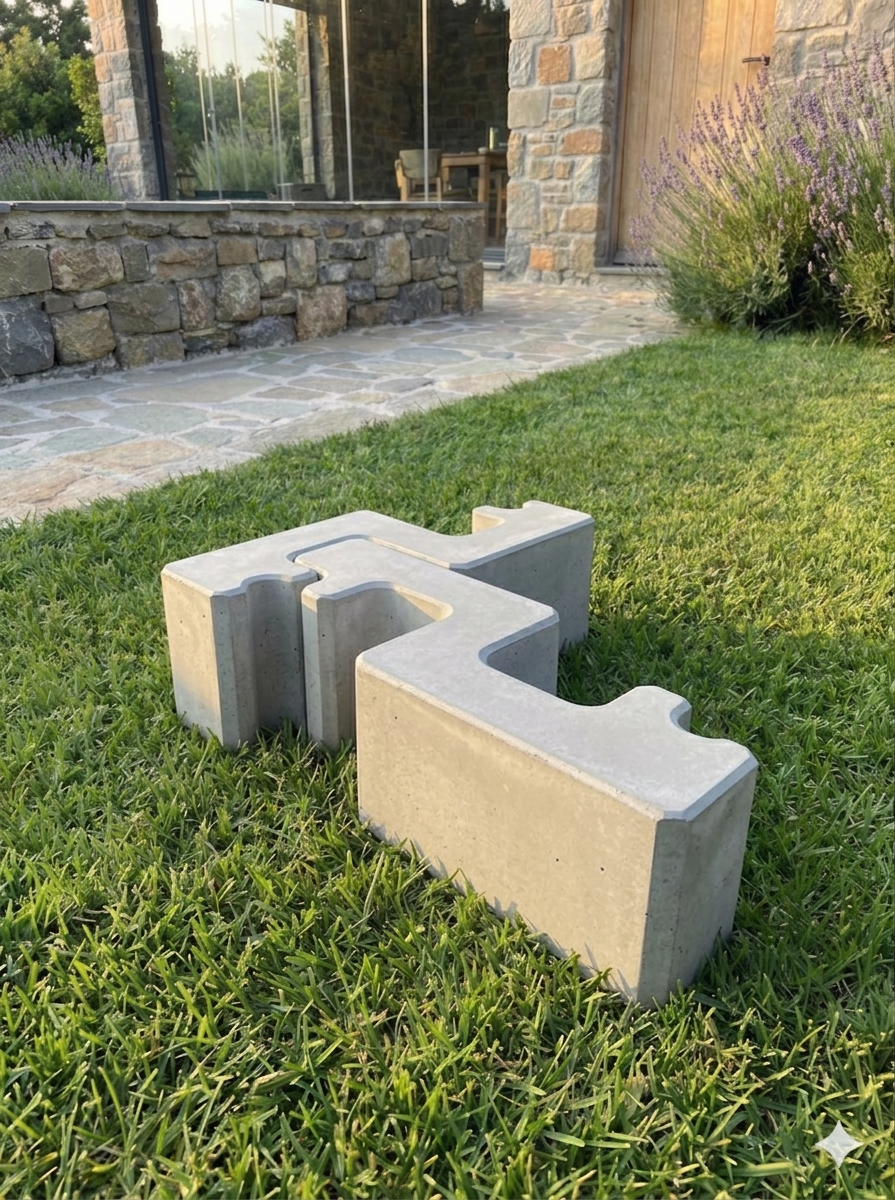 Two BBlock bricks on grass showing the 90-degree corner rotation